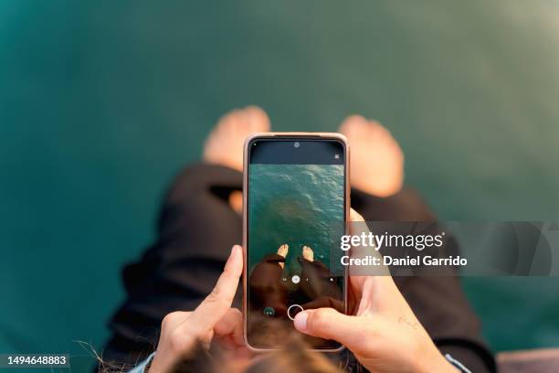 creative hands immortalizing the beauty of bare feet and the sea, beach selfie, the bare feet of the girl as protagonists alongside the sea - feet selfie woman stockfoto's en -beelden
