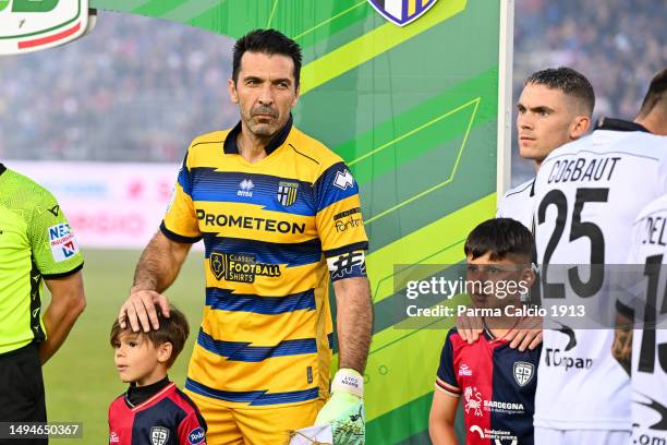 Gianluigi Buffon looks on before the Serie B Playoffs match between Cagliari and Parma Calcio on May 30, 2023 in Cagliari, Italy.