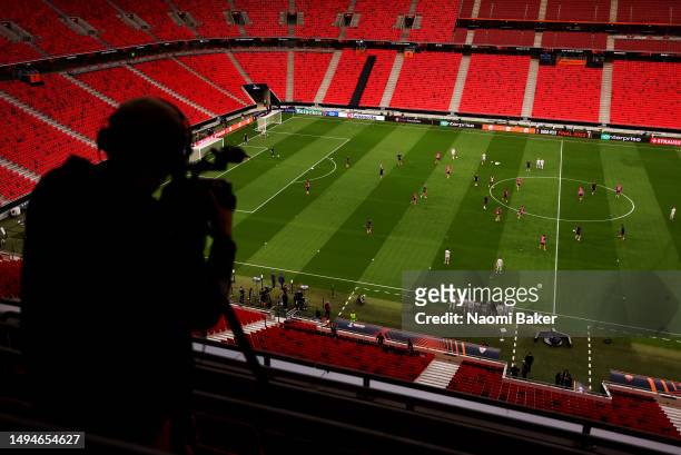 General view as Sevilla players train during a training session and media film themprior to the UEFA Europa League 2022/23 final match between...