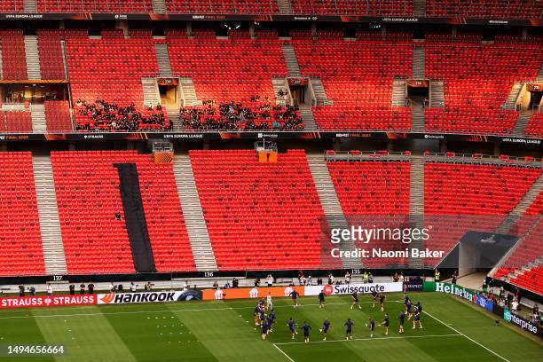 General view as Sevilla players train during a training session prior to the UEFA Europa League 2022/23 final match between Sevilla FC and AS Roma on...
