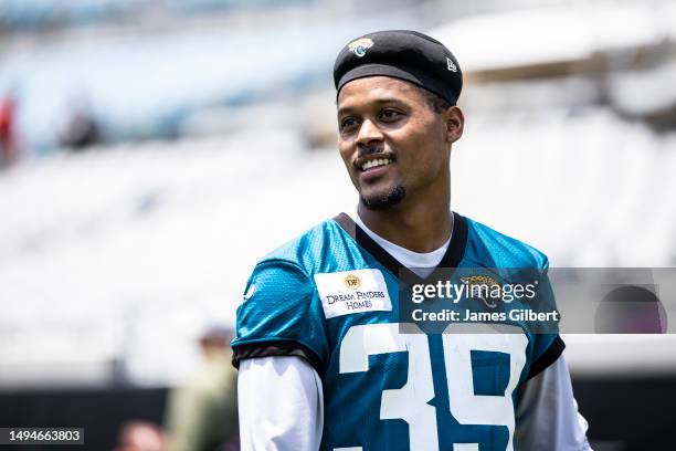 Jamal Agnew of the Jacksonville Jaguars looks on during an offseason workout on May 30, 2023 at TIAA Bank field in Jacksonville, Florida.