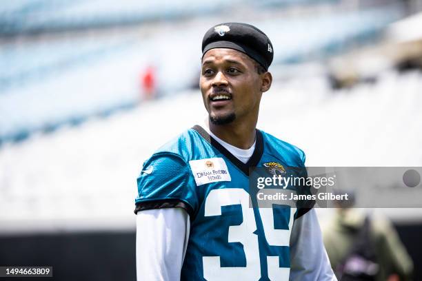 Jamal Agnew of the Jacksonville Jaguars looks on during an offseason workout on May 30, 2023 at TIAA Bank field in Jacksonville, Florida.