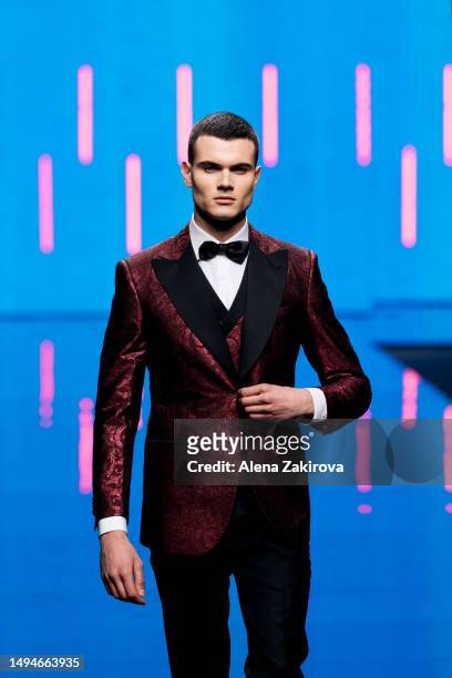 Model walks the runway of the Collettiva "Made in Sicily" fashion show during the Si Sposaitalia 2023 on April 16, 2023 in Milan, Italy.
