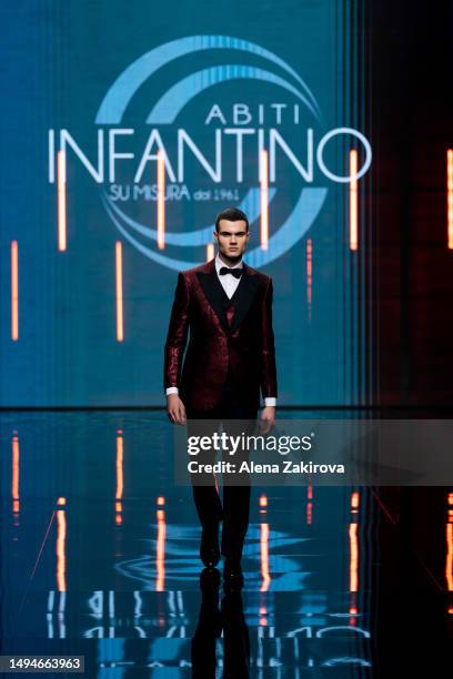 Model walks the runway of the Collettiva "Made in Sicily" fashion show during the Si Sposaitalia 2023 on April 16, 2023 in Milan, Italy.