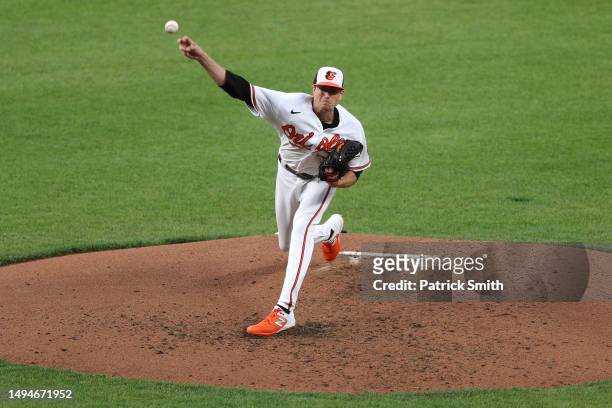 Starting pitcher Kyle Gibson of the Baltimore Orioles works the fourth inning against the Cleveland Guardians at Oriole Park at Camden Yards on May...