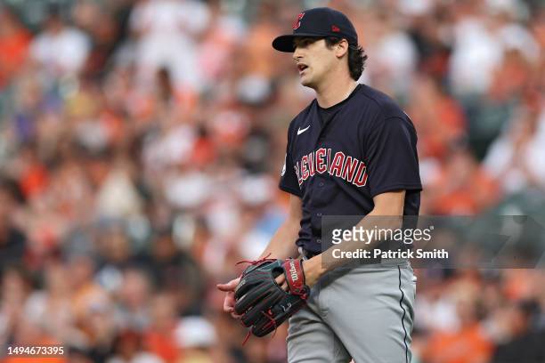 Starting pitcher Cal Quantrill of the Cleveland Guardians reacts after walking Adley Rutschman of the Baltimore Orioles with the bases loaded during...