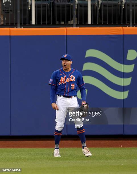 Brandon Nimmo of the New York Mets reacts after he caught a hit by Nick Castellanos of the Philadelphia Phillies in the fourth inning for the out at...