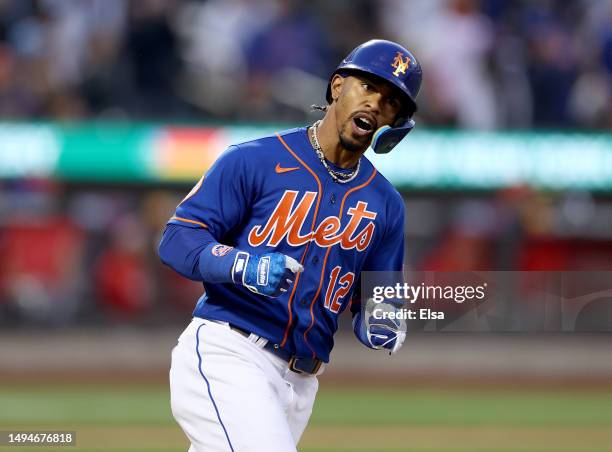 Francisco Lindor of the New York Mets celebrates his solo home run in the fourth inning against the Philadelphia Phillies at Citi Field on May 30,...