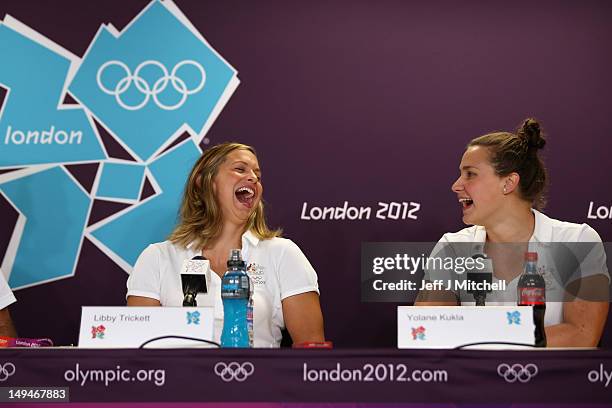 Libby Trickett, and Yolane Kukla Australian Women’s 4x100m freestyle relay swimmers react during a media conference on Day 2 of the London 2012...