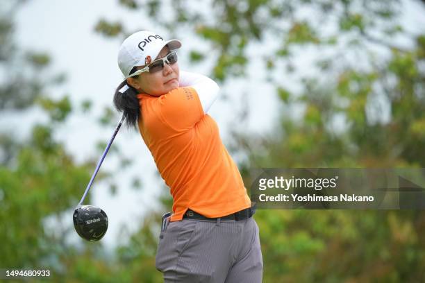 Ayako Uehara of Japan hits her tee shot on the 2nd hole during the first round of ECC Ladies Golf Tournament at Kitarokko Country Club East Course on...