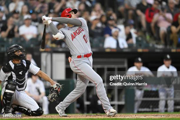 Shohei Ohtani of the Los Angeles Angels hits a home run in the fourth inning against the Chicago White Sox at Guaranteed Rate Field on May 30, 2023...