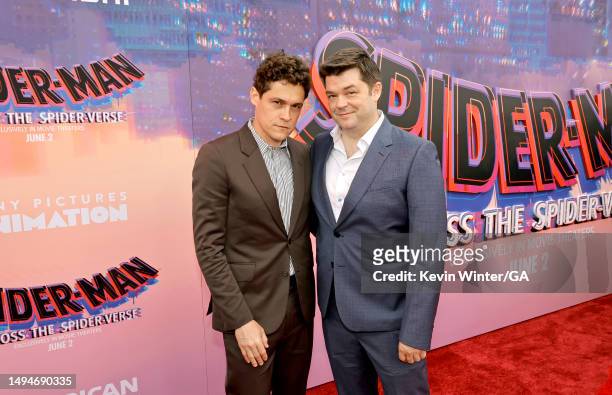 Phil Lord and Chris Miller attend the world premiere of "Spider-Man: Across The Spider-Verse" at Regency Village Theatre on May 30, 2023 in Los...