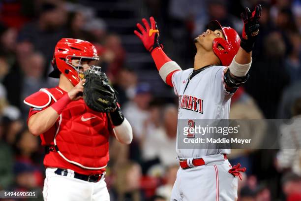 Jose Barrero of the Cincinnati Reds celebrates after hitting a grand slam against the Boston Red Sox during the seventh inning at Fenway Park on May...