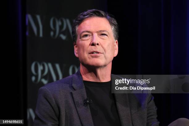 James Comey speaks onstage during Former FBI Director James Comey In Conversation With MSNBC's Nicolle Wallace at 92NY on May 30, 2023 in New York...