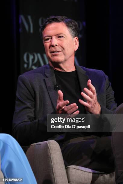 James Comey speaks onstage during Former FBI Director James Comey In Conversation With MSNBC's Nicolle Wallace at 92NY on May 30, 2023 in New York...