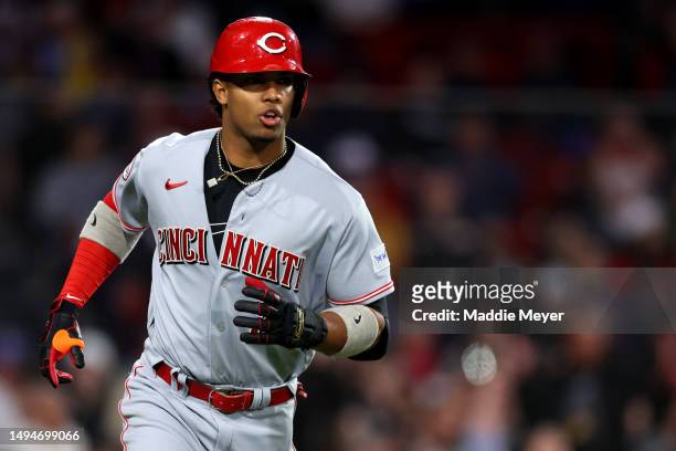Jose Barrero of the Cincinnati Reds rounds the bases after hitting a grand slam against the Boston Red Sox during the seventh inning at Fenway Park...