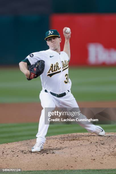Sears of the Oakland Athletics pitches in the top of the second inning against the Atlanta Braves at RingCentral Coliseum on May 30, 2023 in Oakland,...