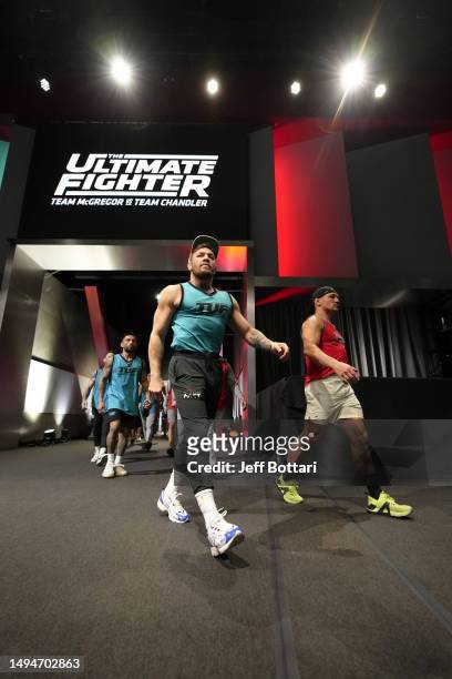 Conor McGregor and Michael Chandler walk to the fight announcements during the filming of The Ultimate Fighter at UFC APEX on February 17, 2023 in...