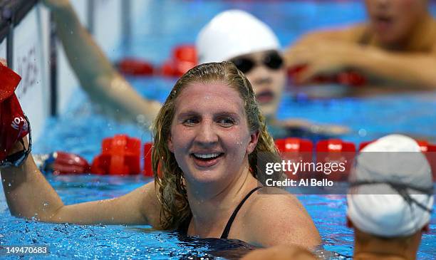 Rebecca Adlington of Great Britain looks on after competing in the Women's 400m Freestyle heat 3 on Day 2 of the London 2012 Olympic Games at the...