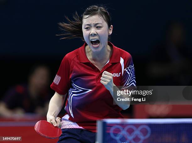 Ariel Hsing of the United States celebrates winning her Women's Singles second round match against Lian Xia Ni of Luxembourg on Day 2 of the London...
