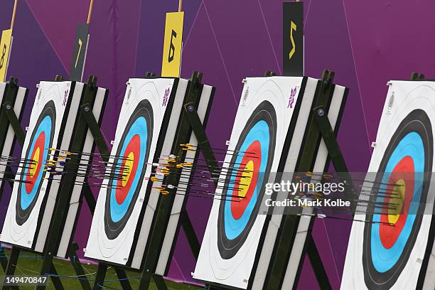 General view of arrows in the targets is seen during the women's individual ranking round at Lord's Cricket Ground on July 27, 2012 in London,...