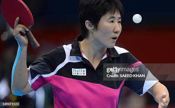 Tan Wenling of Italy serves to Anna Tikhomirova of Russia during a table tennis women's single preliminary round match of the London 2012 Olympic...