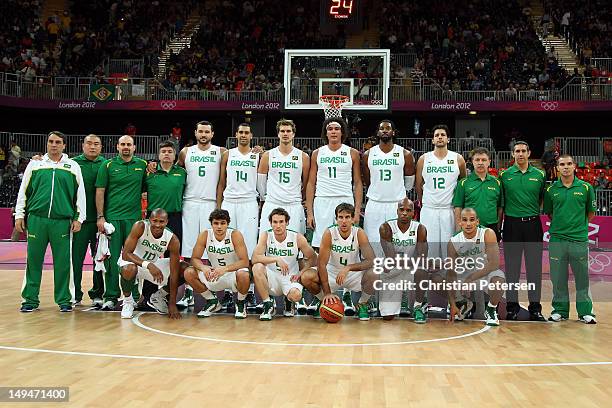 The Brazilian Men's Basketball team poses prior to their game against Australia on Day 2 of the London 2012 Olympic Games at the Basketball Arena on...
