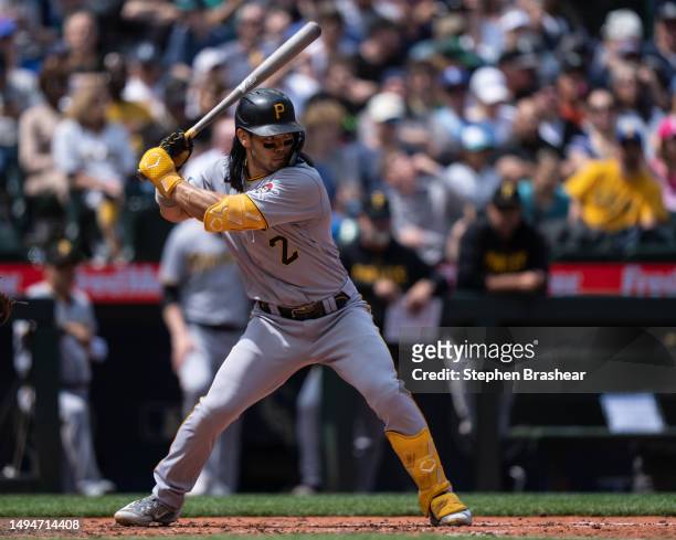 Connor Joe of the Pittsburgh Pirates waits for a pitch during an at-bat in a game against the Seattle Mariners at T-Mobile Park on May 27, 2023 in...