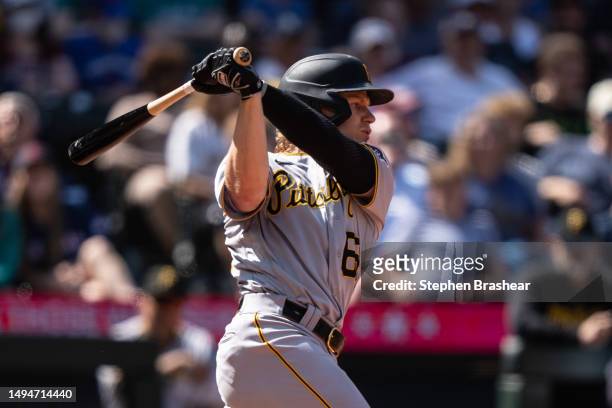 Jack Suwinski of the Pittsburgh Pirates takes a swing during an at-bat in a game against the Seattle Mariners at T-Mobile Park on May 27, 2023 in...