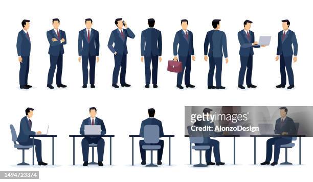 stockillustraties, clipart, cartoons en iconen met set of businessman character design. different poses design. businessman sitting at desk. - zakenman