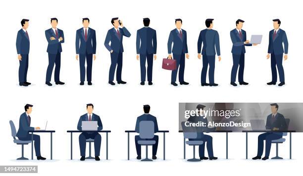 bildbanksillustrationer, clip art samt tecknat material och ikoner med set of businessman character design. different poses design. businessman sitting at desk. - skrivbord