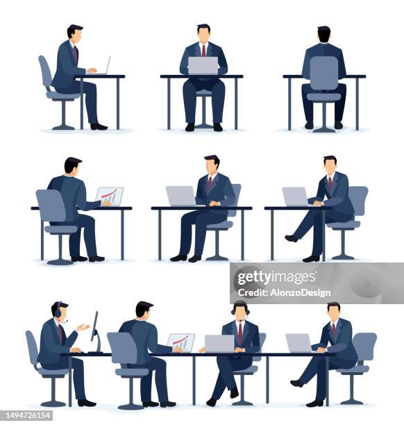 ilustrações de stock, clip art, desenhos animados e ícones de businesspeople analyzing financial data on charts and graphs. conference meeting planning report market analysis accounting. traders at work. financial analyst. businessmen sitting at desk. - open suitcase