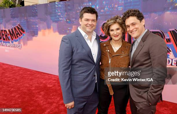 Chris Miller, Amy Pascal and Phil Lord attend the world premiere of "Spider-Man: Across The Spider-Verse" at Regency Village Theatre on May 30, 2023...