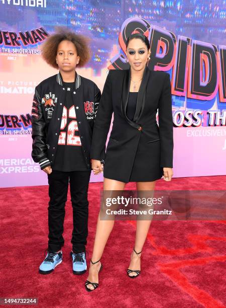 Tia Mowry and son Cree arrives at the World Premiere Of Sony Pictures Animation's "Spider-Man" Across The Spider Verse" at Regency Village Theatre on...