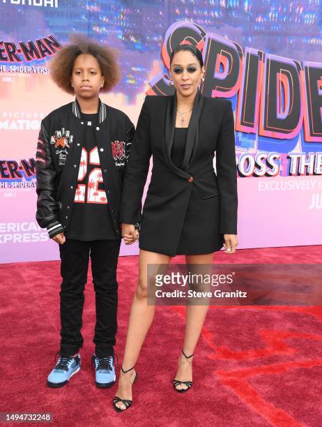 Tia Mowry and son Cree arrives at the World Premiere Of Sony Pictures Animation's "Spider-Man" Across The Spider Verse" at Regency Village Theatre on...