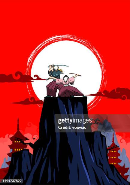 illustrations, cliparts, dessins animés et icônes de vector anime samurai couple en silhouette sur un rocher avec temple japonais silhouette fond stock illustration - asie paysage