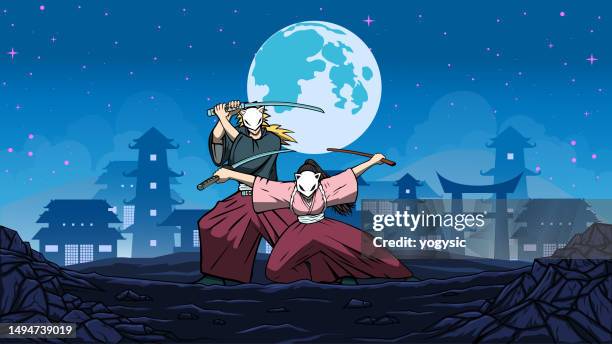 vector anime samurai couple and mountain range background stock illustration - only japanese stock illustrations