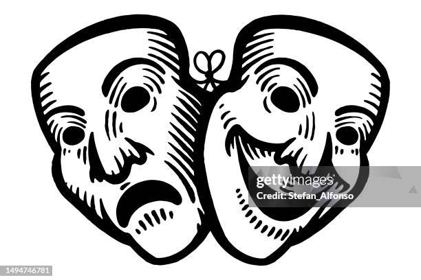 komödie und tragödie theatermasken - theatermaske stock-grafiken, -clipart, -cartoons und -symbole