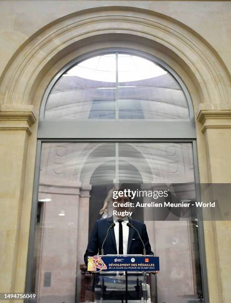 Pierre Rabadan speaks during an event to mark the 100-day countdown to the start of Rugby World Cup France 2023 on May 31, 2023 in Paris, France.