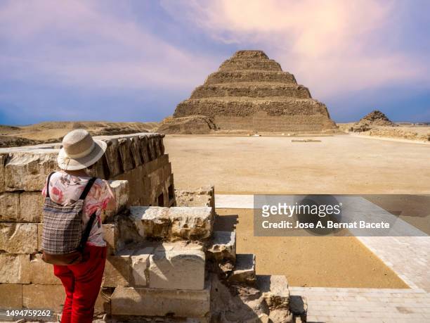 a tourist woman contemplating step pyramid of zoser in saqqara, egypt. memphis, egypt. - memphis stock pictures, royalty-free photos & images