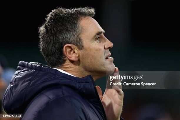 Blues coach Brad Fittler looks on ahead of game one of the 2023 State of Origin series between the Queensland Maroons and New South Wales Blues at...