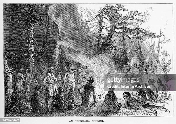 Illustration of a tribal council, held around a fire, by Onondaga Indians from Ontario, late eighteenth century.