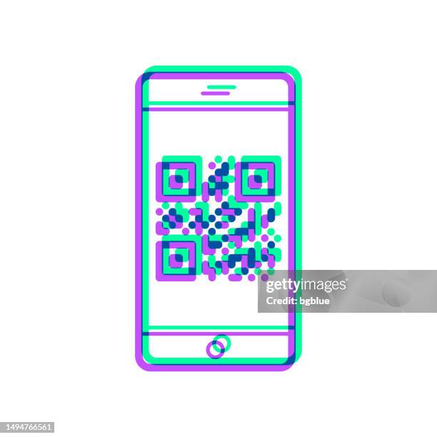 ilustraciones, imágenes clip art, dibujos animados e iconos de stock de smartphone con código qr. icono con superposición de dos colores sobre fondo blanco - qr-code-scan-icon