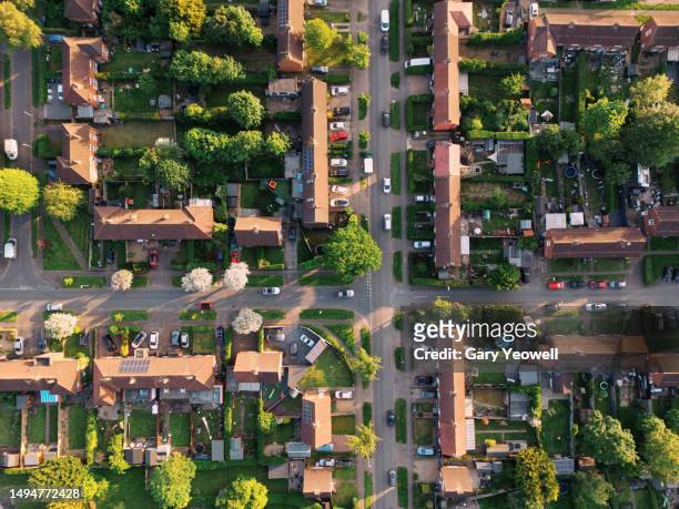 aerial view over residential neighbourhood - idyllic suburb stock pictures, royalty-free photos & images