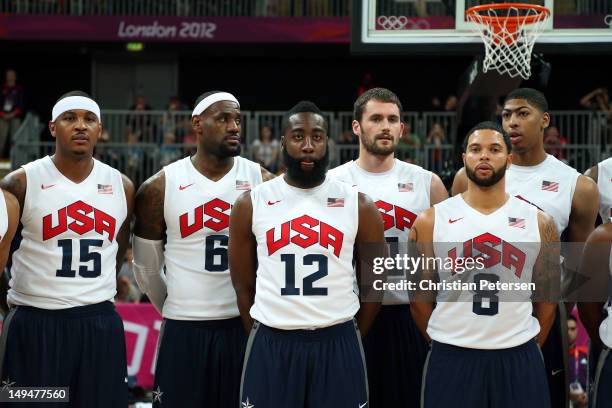 Carmelo Anthony, Lebron James, James Harden, Kevin Love, Deron Williams and Anthony Davis of the United States Men's Basketball team poses prior to...