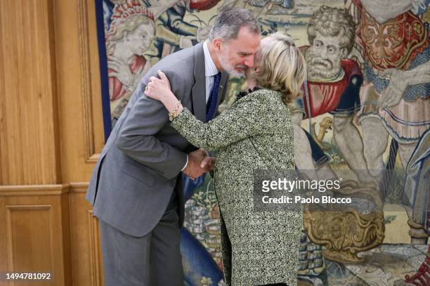 King Felipe VI of Spain meets Former Secretary of State Hillary Rodham Clinton at Zarzuela Palace on May 31, 2023 in Madrid, Spain.