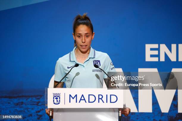 Lola Gallardo of Atletico de Madrid attends during the reception of the Madrid City Hall to the Atletico de Madrid Femenino after their Copa de la...