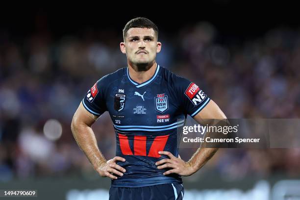 Nathan Cleary of the Blues looks on during game one of the 2023 State of Origin series between the Queensland Maroons and New South Wales Blues at...