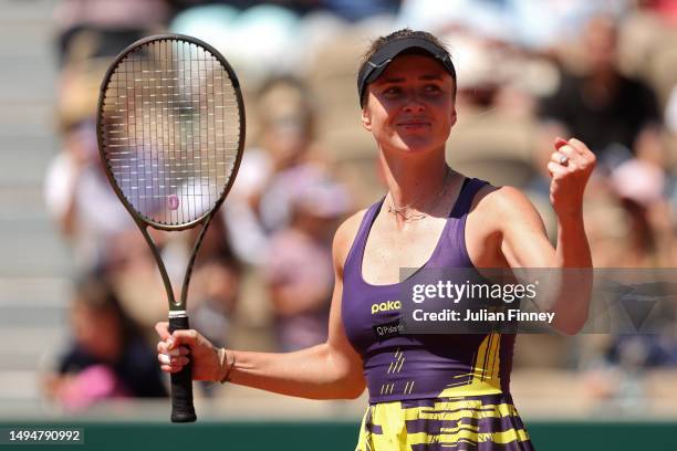 Elina Svitolina of Ukraine celebrates winning match point against Storm Hunter of Australia during the Women's Second Round Match on Day Four of the...