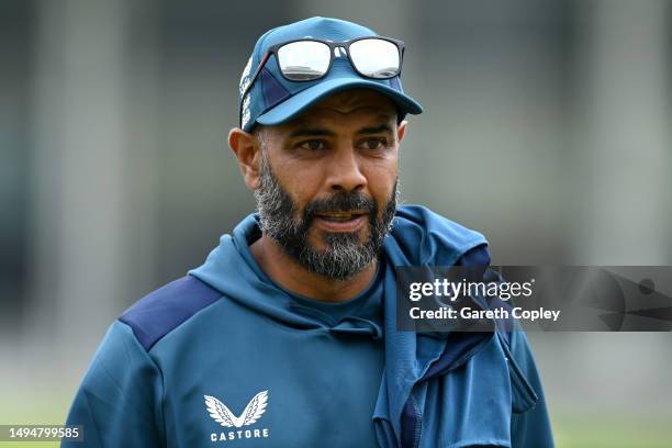 England spin bowling coach Jeetan Patel during a nets session at Lord's Cricket Ground on May 31, 2023 in London, England.